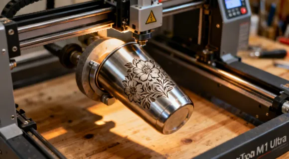 Rotary attachment engraving a tumbler